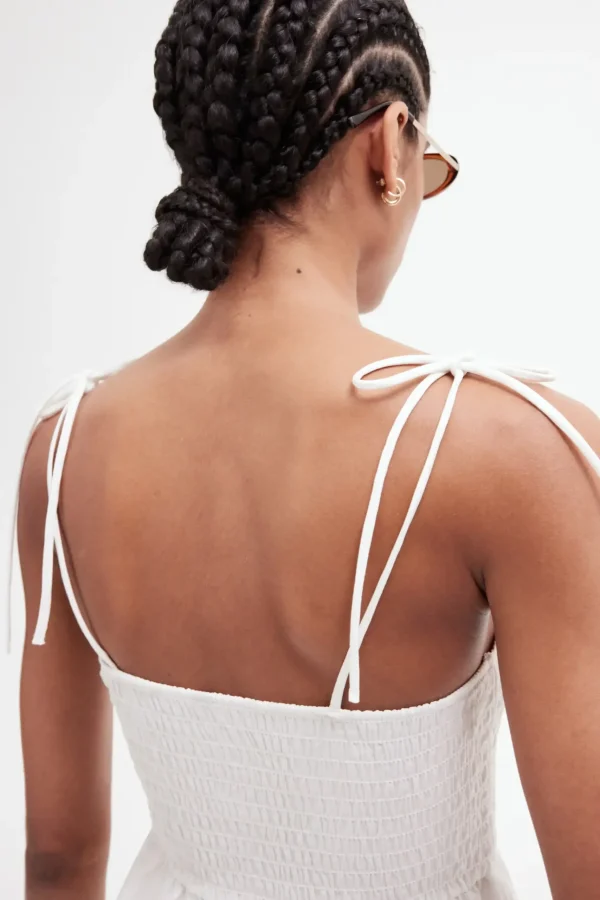 Shoulder-Tie Smocked Midi Dress